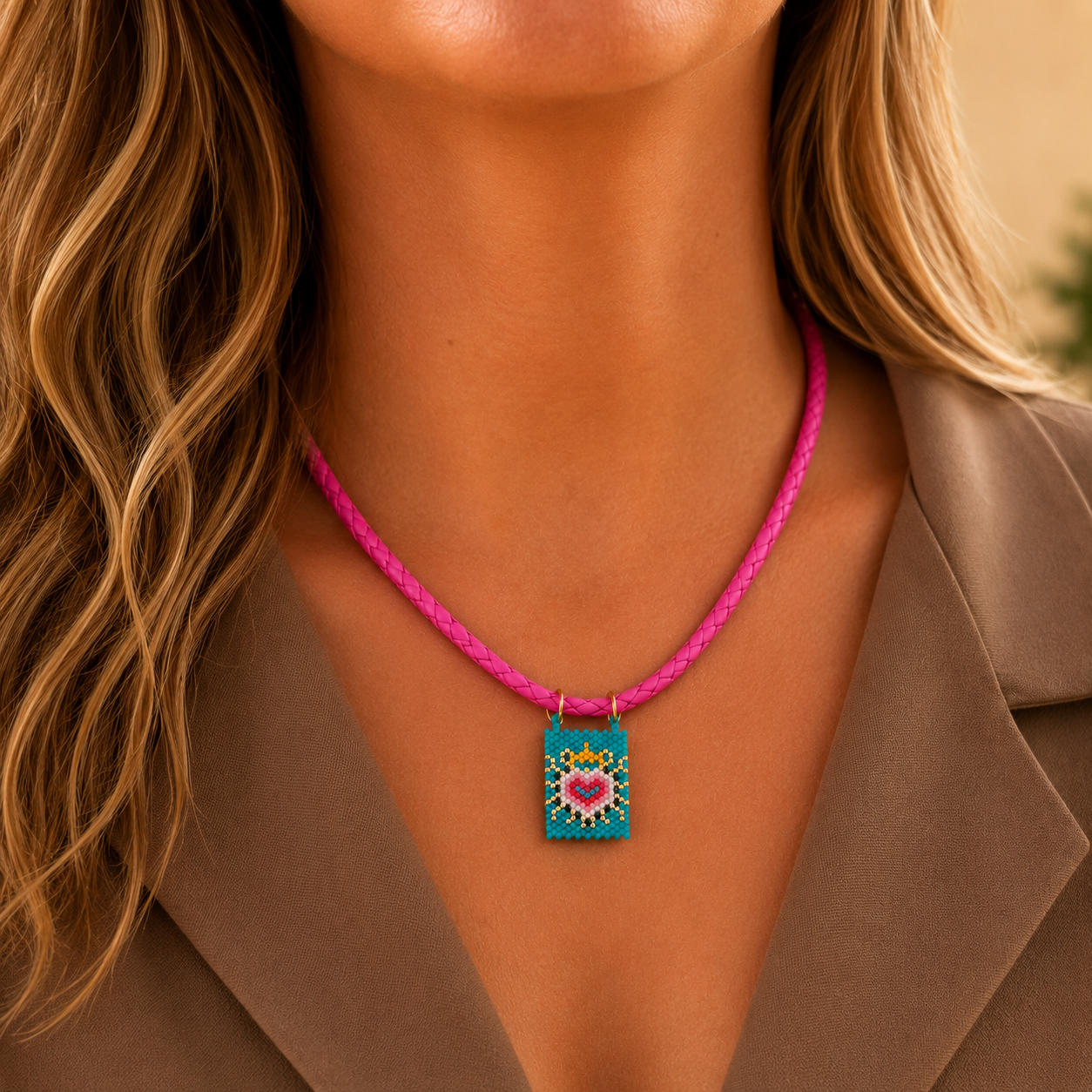 Colar rosa com pendente em missangas CORAÇÃO AZUL