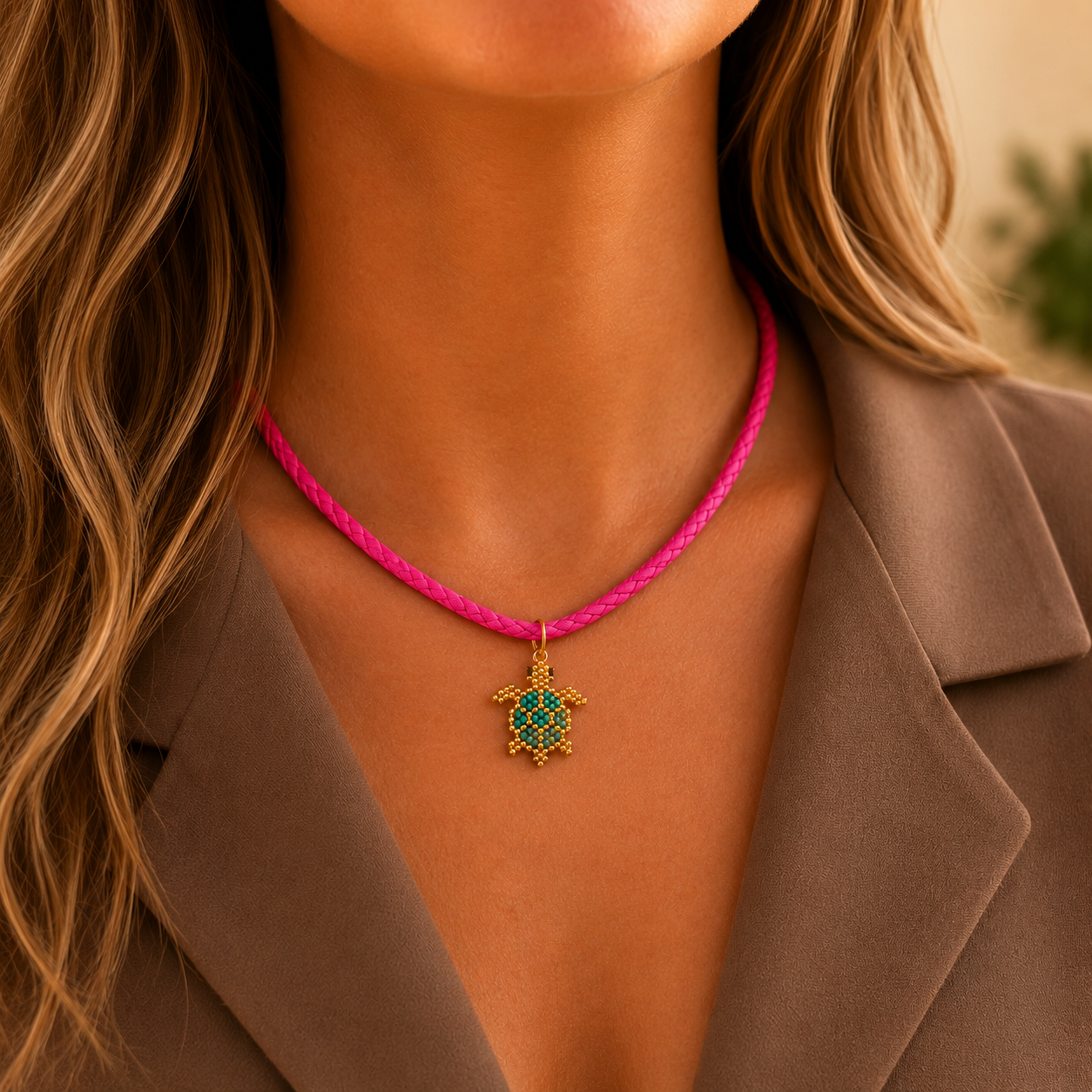 Colar rosa com pendente em missangas TARTARUGA