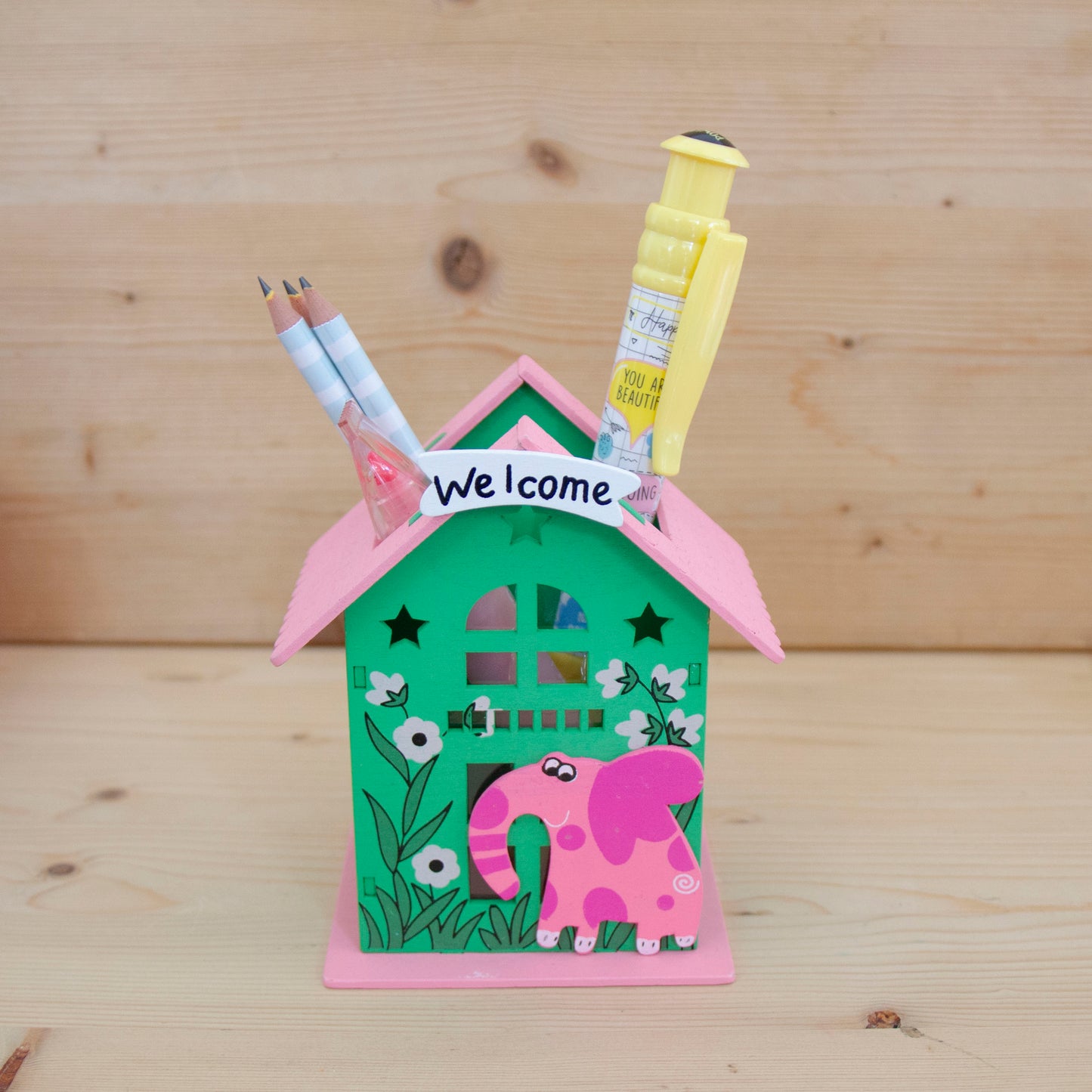 Porta Canetas Madeira Casa Elefante Rosa