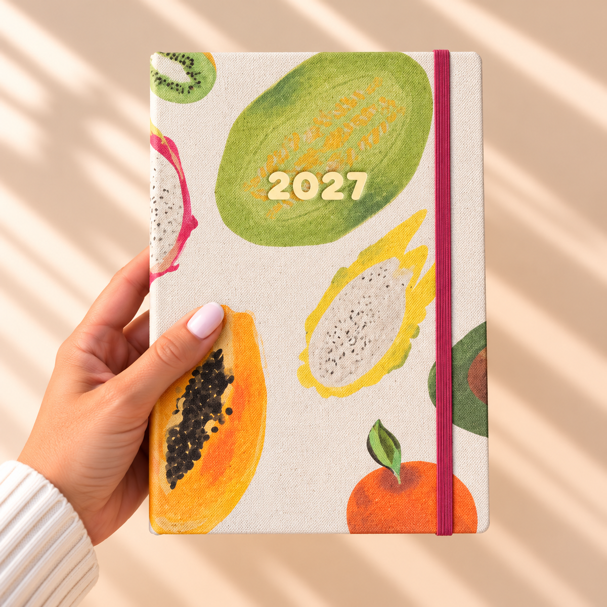 PRÉ-VENDA Agenda A5 Diária 2027 Tecido 1026 (Fruits)