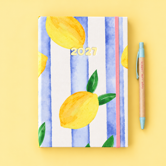 PRÉ-VENDA Agenda A5 Semanal 2027 Tecido 1027 (Lemons)