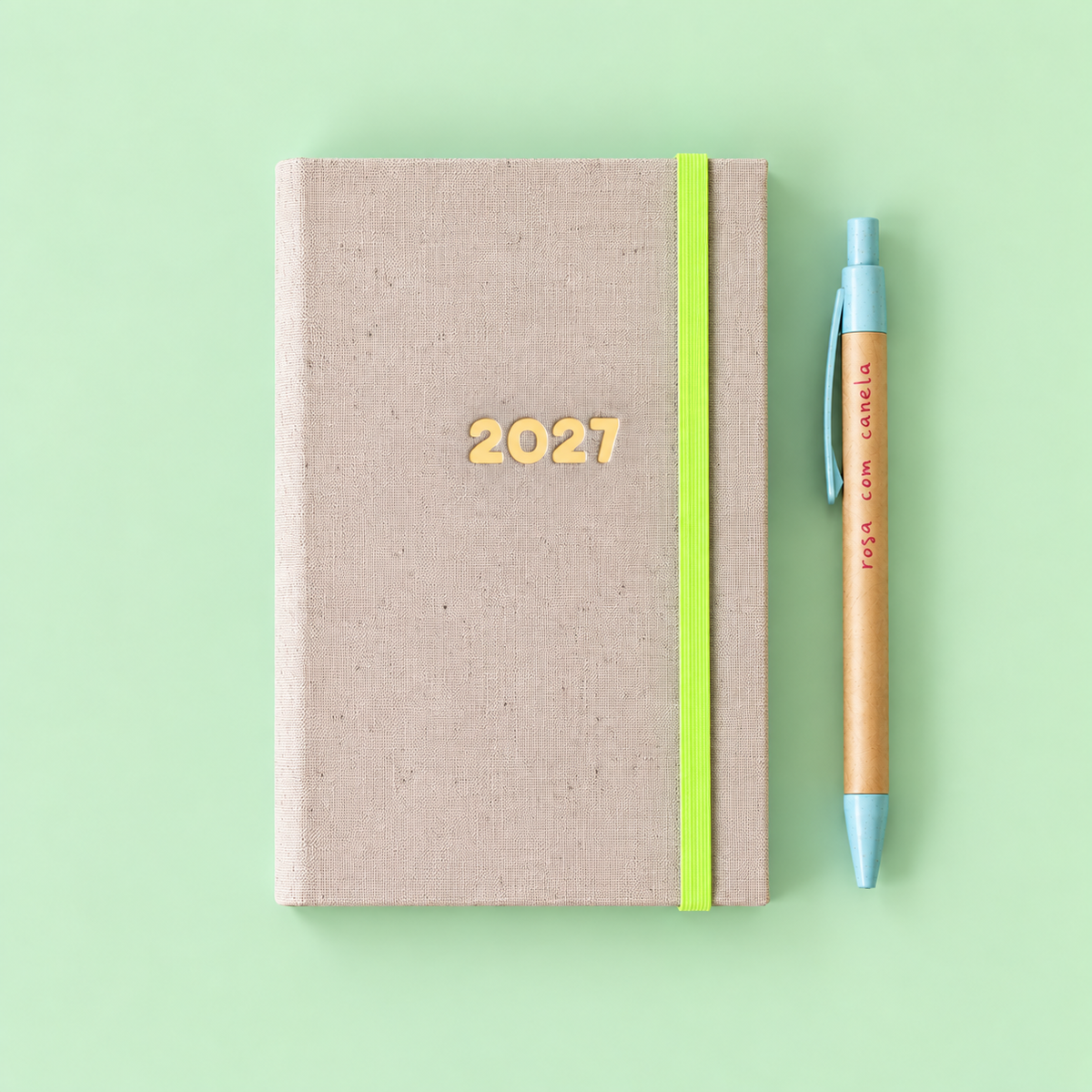 PRÉ-VENDA Agenda A6 Diária 2027 Tecido 265 (Elástico Neon)